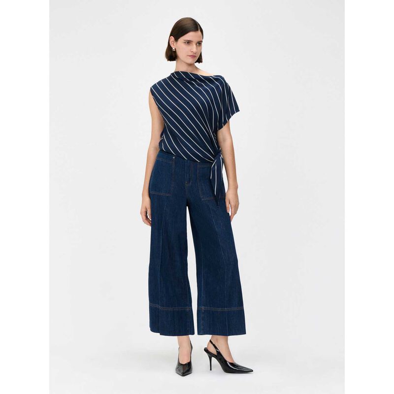 Veronika Maine Navy Pinstripe Draped Top image number 2